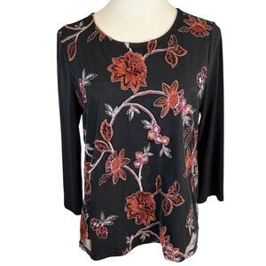 Liz Claiborne Career Black Orange Floral Long Sleeve Crew Neck top Blouse